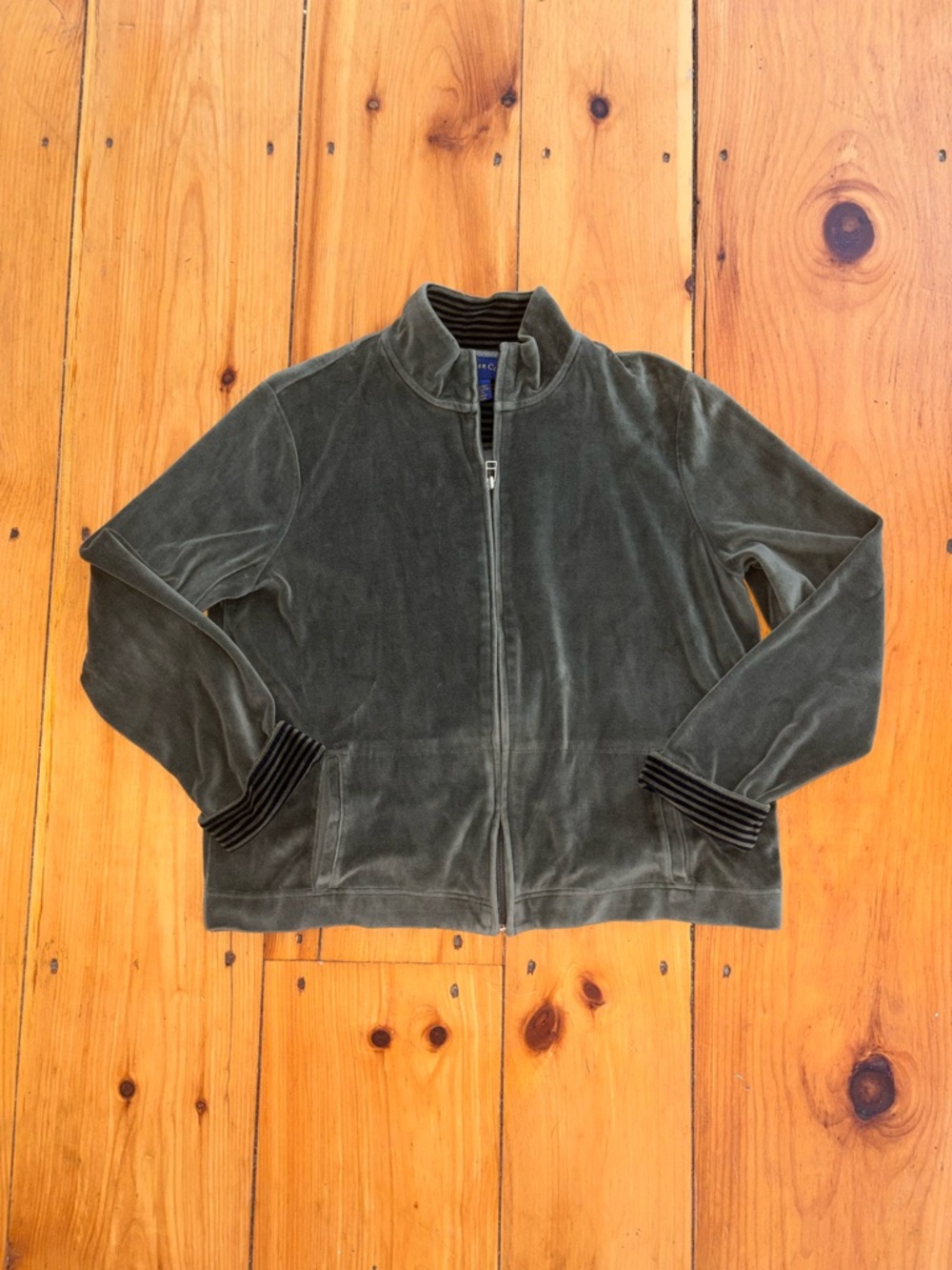 Charter Club Velour Zip Jacket Olive Green Size Large Soft Velvet Full Zip